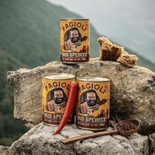Three cans of Bud Spencer Beans, placed on a rock with a mountainous background.